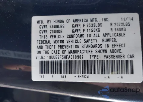 2015 Acura Tlx V6 Tech из США, поврежденный, VIN 19UUB2F58FA010967